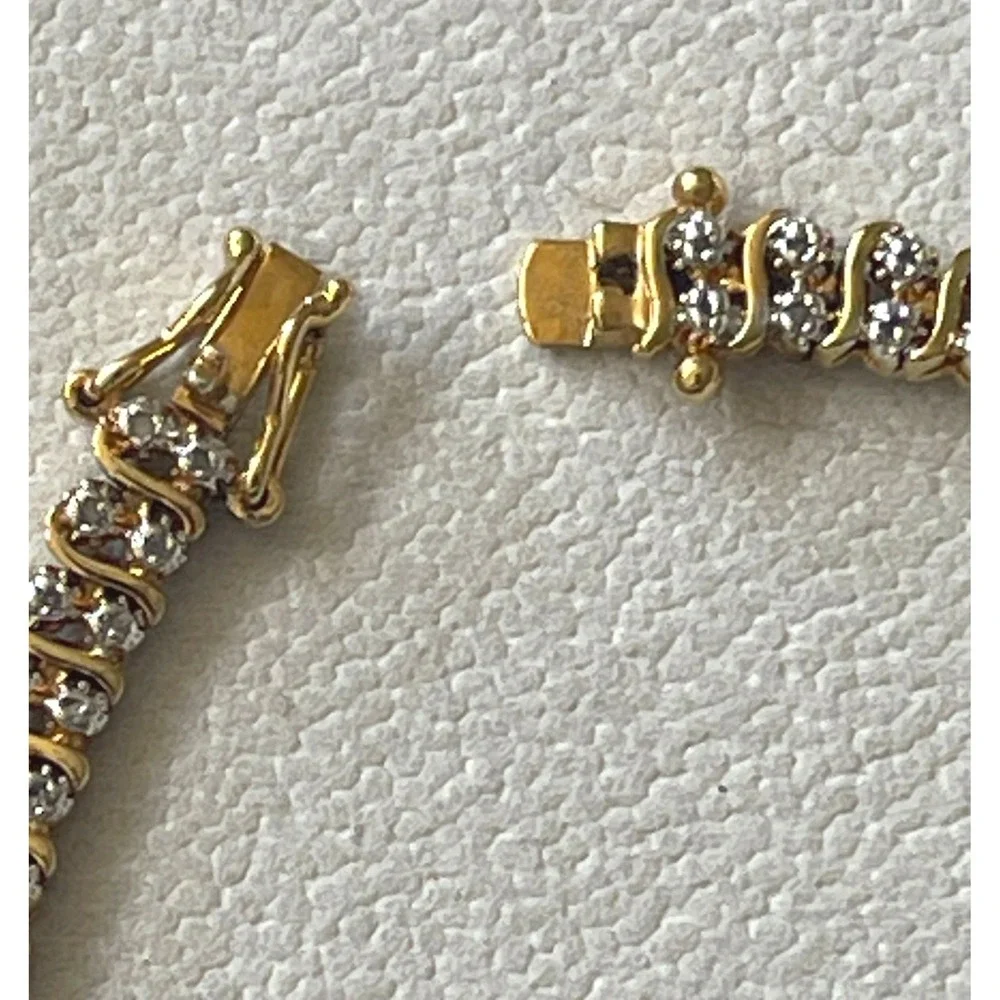 Vtg 925 Sterling Silver Gold Vermeil CZ Tennis Bracelet 7.25" Wave Link Design - Picture 5 of 10